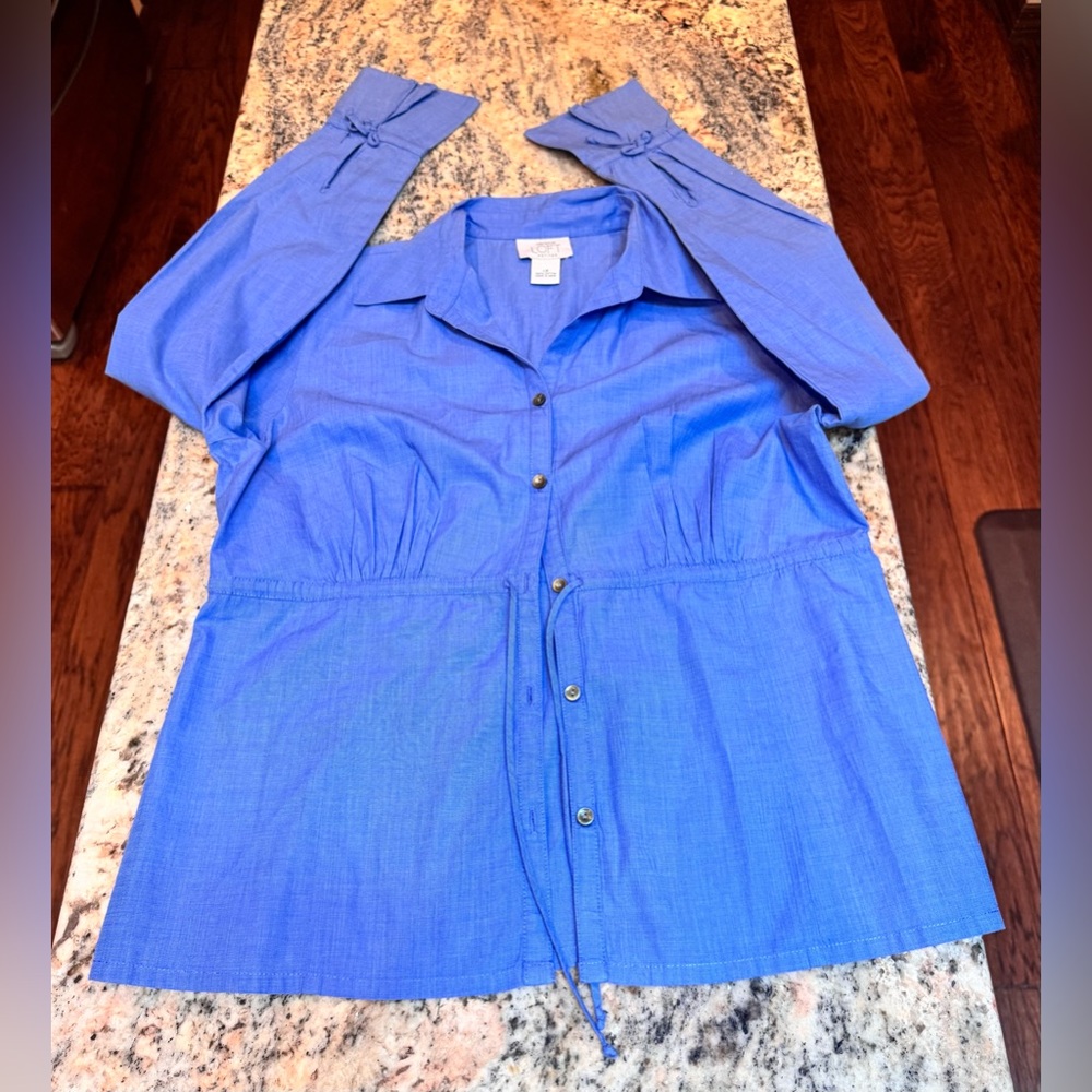 Ann Taylor Blue Long-Sleeved blouse with Folded Collar, Relaxed Fit, waist tie.